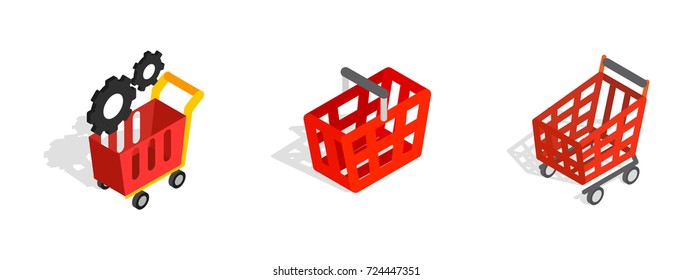 Red shop cart icon set. Isometric set of red shop cart vector icons for web isolated on white background