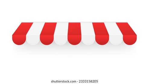 Red shop sunshade isolated on white background. Realistic striped cafe awning. Outdoor market tent. Roof canopy. Summer street store. Vector illustration