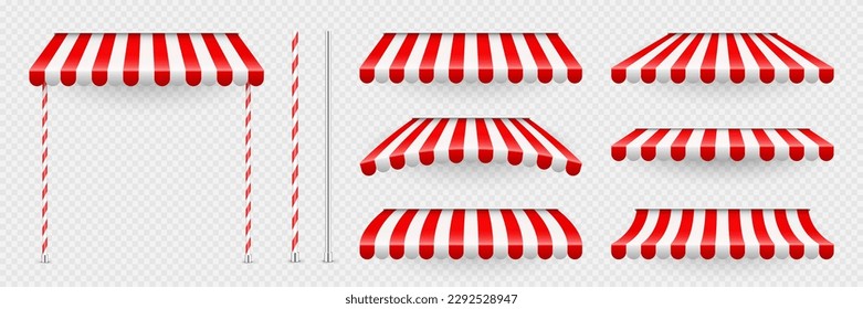 Red shop sunshade with stand holders. Realistic striped cafe awning. Outdoor market tent. Roof canopy. Summer street store. Vector illustration