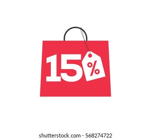 Red shopping bag with 15% on it, with a white price tag label isolated on white background.