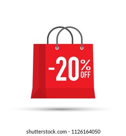 Red shopping bag with 20% on it, with a green price tag label isolated on white background.