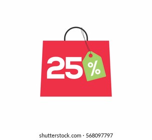 Red shopping bag with 25% on it, with a green price tag label isolated on white background.