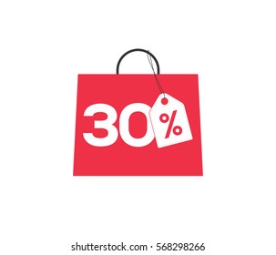 Red shopping bag with 30% on it, with a white price tag label isolated on white background.