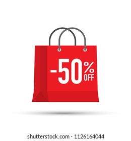 Red shopping bag with 50% on it, with a green price tag label isolated on white background.