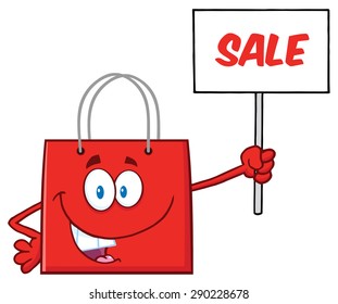 Red Shopping Bag Cartoon Character Holding Up A Blank Sign With Text. Vector Illustration Isolated On White