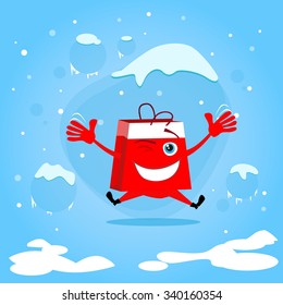 Red Shopping Bag Cartoon Character Jump Hold Hands Up Excited Happy Smile Christmas Sale Concept Show Flat Vector Illustration