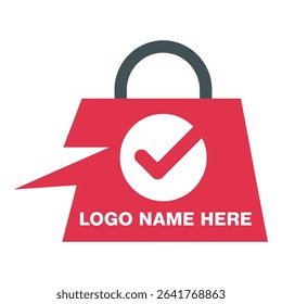 Red shopping bag with check mark logo for online store isolated