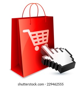 Red shopping bag and computer hand cursor.
