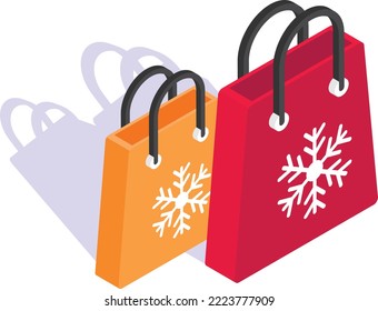 Red Shopping Bag Concept, Winter Promo Sale Vector isometric Icon Design, Winter Season activities Symbol, Coldest Weather Sign, Snow and frost Stock Illustration