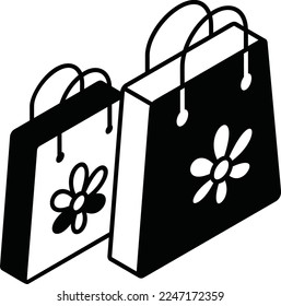Concepto de bolsa de compras roja, diseño de icono isométrico de la venta de la prueba de invierno, símbolo de actividades de temporada de invierno, signo meteorológico más frío, nieve e ilusión de la reserva de hielo