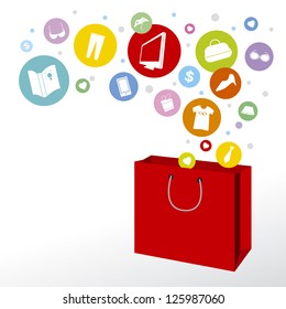 Red shopping bag and fashion icon on white background