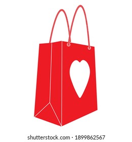 Red shopping bag for gifts with handles and white heart silhouette on white background