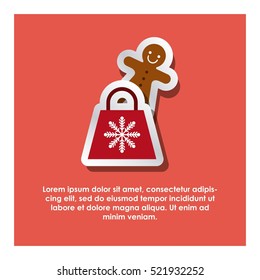 red shopping bag and ginger cookie over reb background. merry christmas design. vector illustration