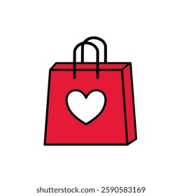 Red shopping bag with heart shape on white background.
