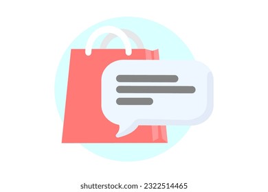 Red shopping bag and light grey cloud of text or positive review. Shopping flat style icons in red and blue colors