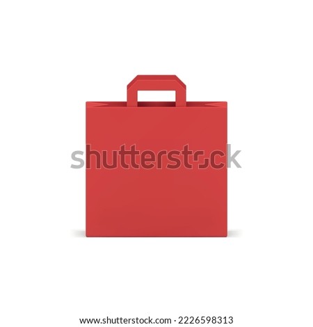 Red shopping bag paper pack grocery fashion boutique purchasing carrying 3d icon realistic vector illustration. Package carrier for buying goods retail business special offer marketing sale discount
