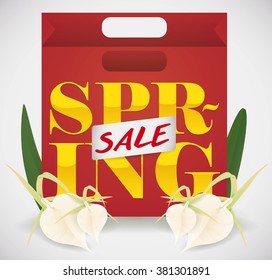 Red shopping bag ready for the Spring sales and discounts season with a beautiful bouquet of orchids.