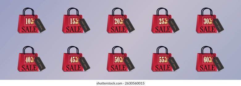 Red Shopping Bag Sale Icons with Discount Labels from 10% to 60% Off and “Hot Deal” Tags on Gradient Background