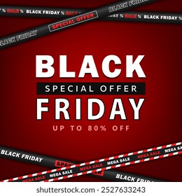 Red shopping banner with crossed discount ribbons and text - Black Friday Special offer. Social media post template, advertisement design with barricade tapes, stripes - Big Sale, hot deal, best price