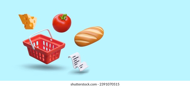 Cesta de compras roja, queso, tomate, pan, recibo de papel. Concepto de compra y pago en supermercado. Cartel publicitario de estilo caricatura. Logotipo de la tienda, dirección, fecha de promoción