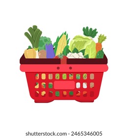 Red shopping basket with different vegetables on a white background. Market or store concept