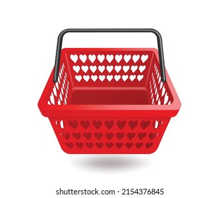 A red shopping basket empty front view with a heart shaped stencil floating on a white background,vector 3d isolated virtual for shopping advertising promotion sale design