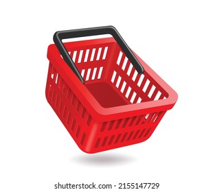 red shopping basket empty side view floating on the air and oject on white background for shopping advertising design,vector 3d isolated for promotion shopping concept design