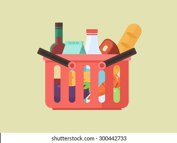 Red shopping basket with fresh food and drink. Shopping basket with fresh food and drink. Vector flat design illustration