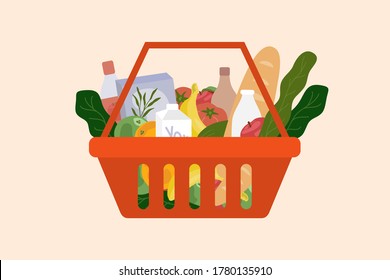 Red shopping basket full of produce. Living wage, subsistence level concept. Food and drink from supermarket or store. Groceries products and beverages. Healthy organic local foods vector illustration