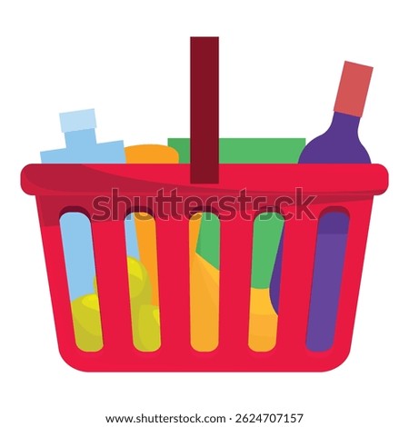 Red shopping basket is holding various groceries including a bottle of wine and fresh produce