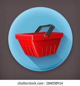 Cesta de compras roja, icono del vector de sombra largo