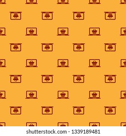 Red Shopping basket on screen laptop icon isolated seamless pattern on brown background. Concept e-commerce, e-business, online business marketing. Flat design. Vector Illustration