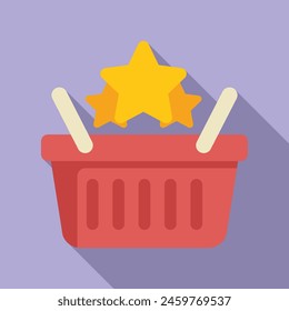 Red shopping basket stars icon flat vector. Stars rating. Code system bonus