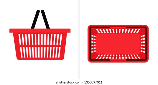 Red Shopping Basket Top And Side View Icon. Clipart Image Isolated On White Background