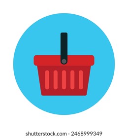 Red Shopping Basket Vector Icon in a blue circle. e-shop concept, shopping basket icon sign, pictogram supermarket basket ,store container. Hypermarket product carry object, grocery basket.