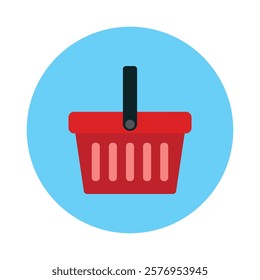 Red Shopping Basket Vector Icon in a blue circle. e-shop concept, shopping basket icon sign, pictogram supermarket basket ,store container. Hypermarket product carry object, grocery basket.