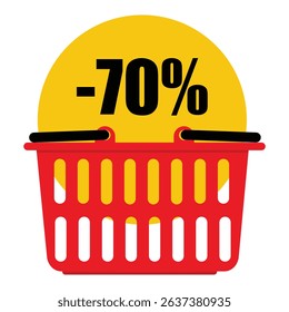 Red shopping basket with yellow promotional tag, label, sticker special offer      70% off discount message isolated on white background. Shopping advertisement. Vector