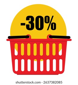Red shopping basket with yellow promotional tag, label, sticker special offer      30% off discount message isolated on white background. Shopping advertisement. Vector