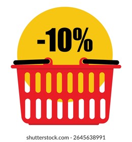 Red shopping basket with yellow promotional tag, label, sticker special offer      10% off discount message isolated on white background. Shopping advertisement. Vector