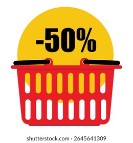 Red shopping basket with yellow promotional tag, label, sticker special offer 50% off discount message isolated on white background. Shopping advertisement. Vector