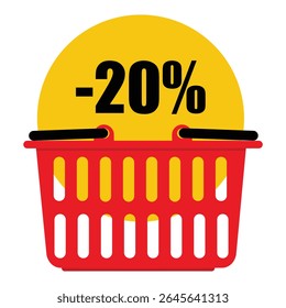 Red shopping basket with yellow promotional tag, label, sticker special offer  20% off discount message isolated on white background. Shopping advertisement. Vector