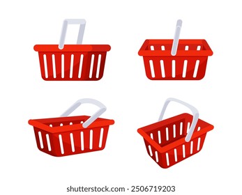 Red shopping baskets displayed from various angles for retail use, ideal for supermarkets or grocery stores. Vibrant color for easy identification and consumer appeal