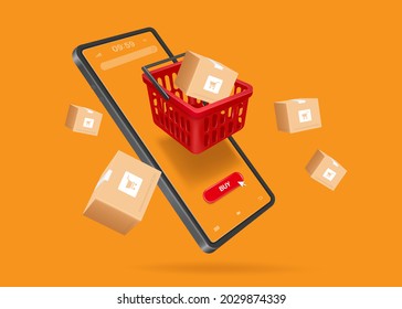 Red shopping baskets and parcel box with cart image on box float in the air above a smartphone for online shopping concept design,vector 3d isolated on orange background,template online shopping