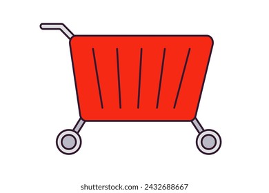 Red shopping cart. Colored icon with outline. Container for goods on wheels for a supermarket. Shop, purchase, buyer. Retail symbol. Isolated object. Flat style. Vector illustration