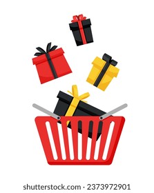 Red shopping cart with gift boxes in it. Black Friday concept, sale concept.