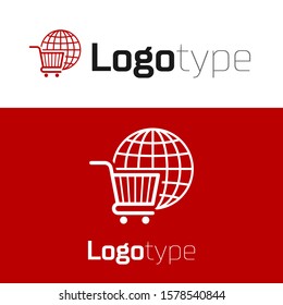 Red Shopping cart with globe icon isolated on white background. Online buying concept. Global market concept. Supermarket basket symbol. Logo design template element. Vector Illustration