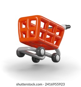 Red shopping cart is in hurry for shopping. Empty trolley in cartoon style. Isolated image on white background. Symbol of shopping, delivery. Modern commerce