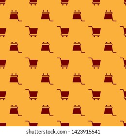 Red Shopping cart icon isolated seamless pattern on brown background. Online buying concept. Delivery service sign. Supermarket basket symbol. Vector Illustration