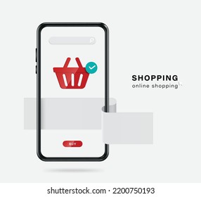 Red shopping cart icon and order confirmation icon will appear on smartphone screen. and there is a receipt paper underneath,vector 3d isolated on white background for online shopping concept design