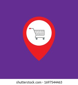 red shopping cart map pin.Conceptual vector illustration in flat style design.Isolated on background.